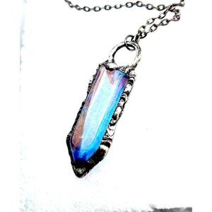 Blue aura quartz crystal necklace handmade
